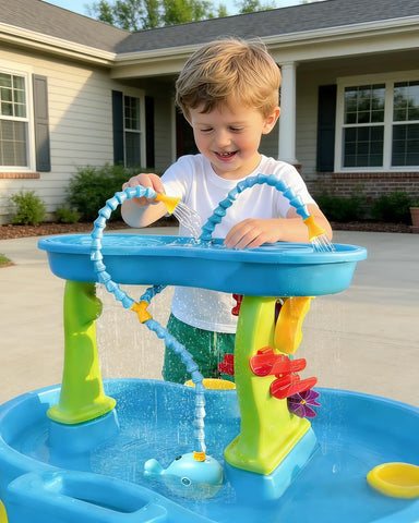 Aacabo ambientación exterior con mesa de agua y niños jugando felizmente