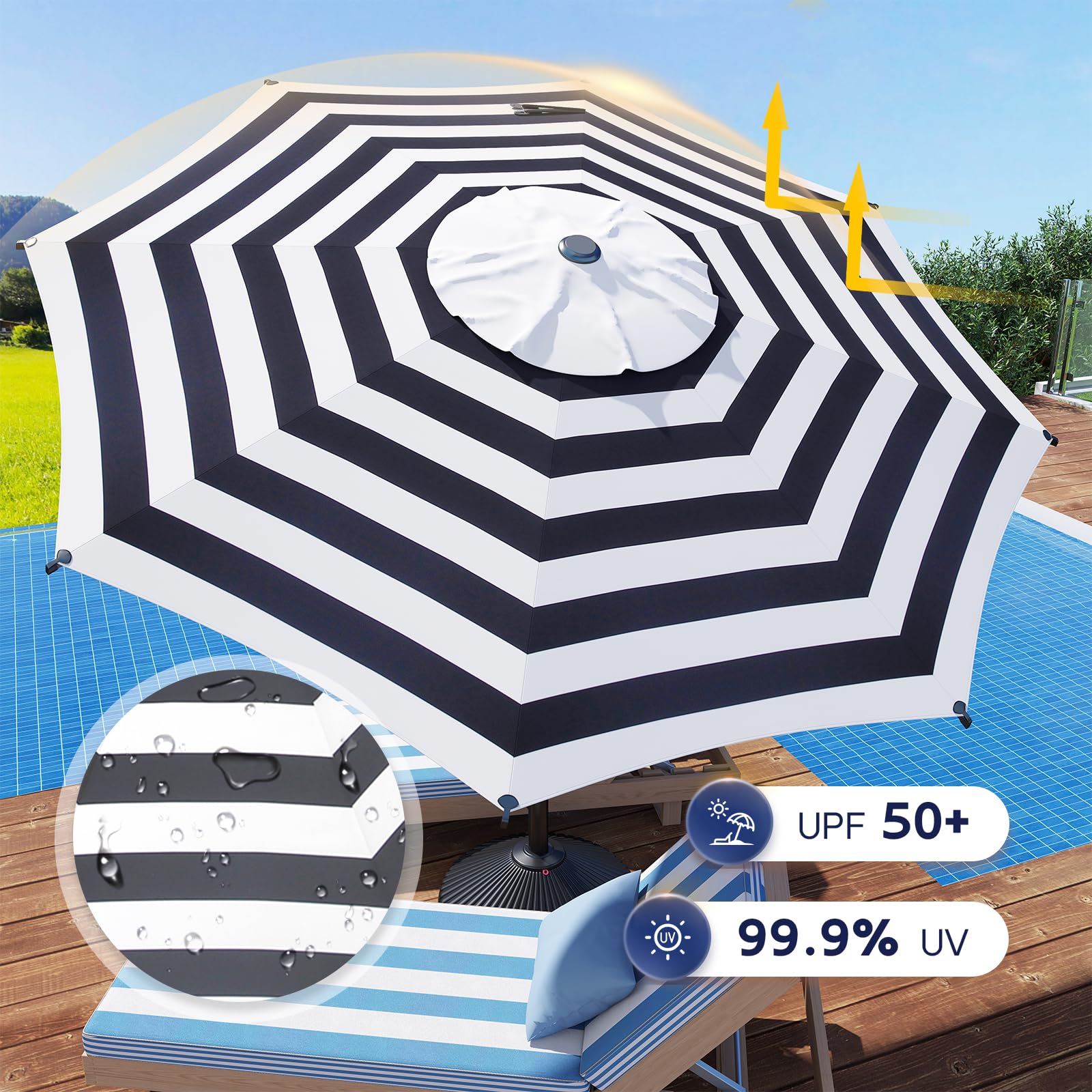 Abba Patio comparación de tamaño junto a mesa y sillas para visualizar cobertura real
