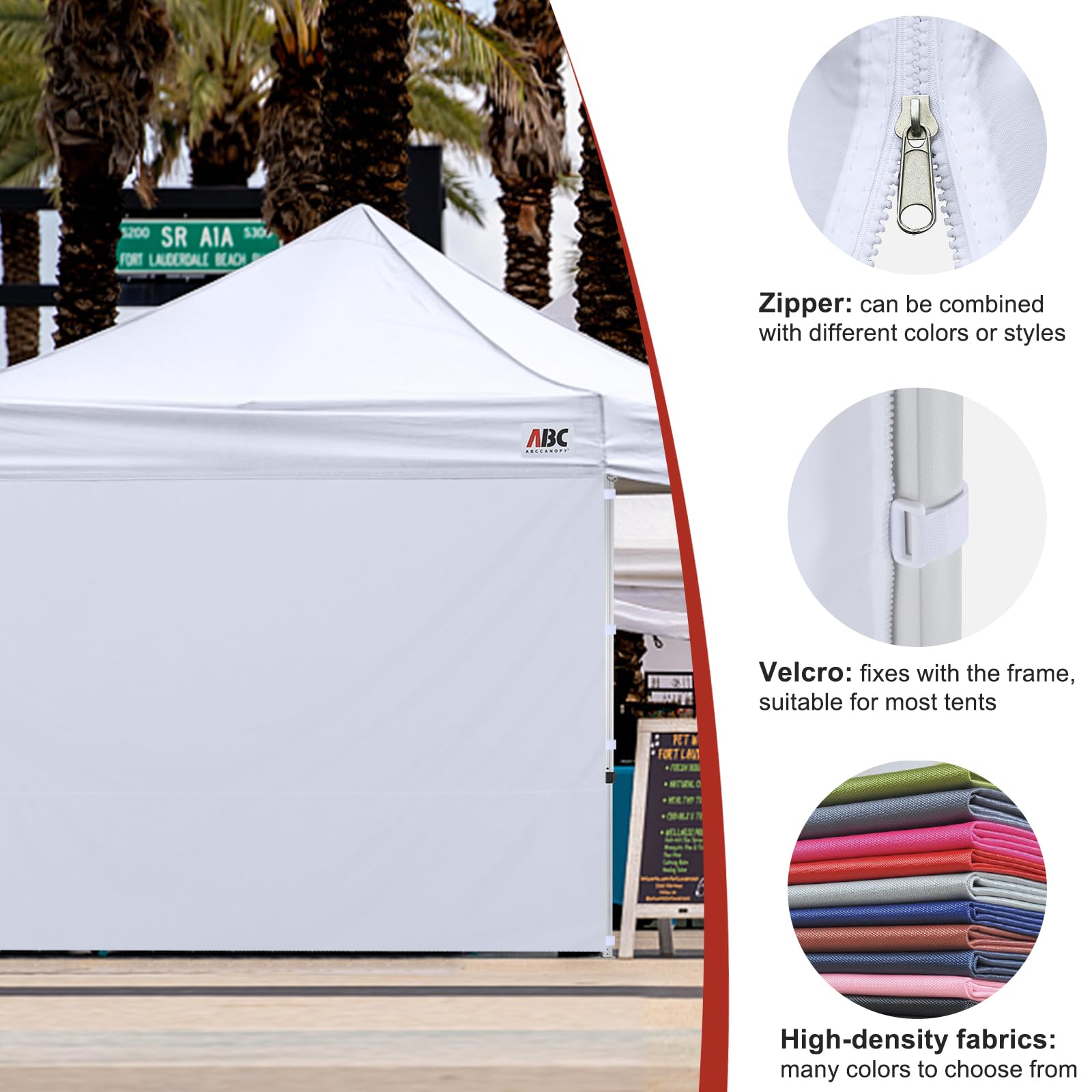 ABCCANOPY panel lateral junto a una carpa 10x10 para referencia de tamaño