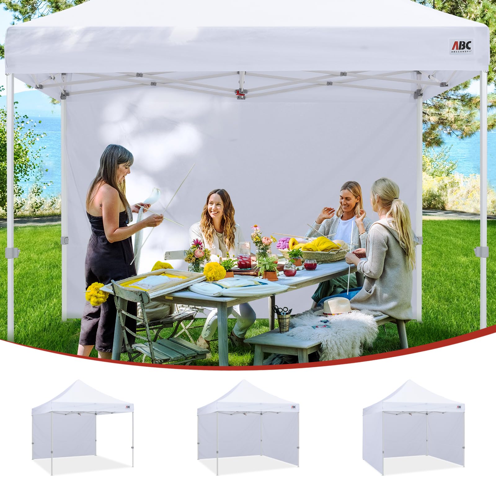 ABCCANOPY lateral montado en carpa 10x10 mostrando protección contra el sol