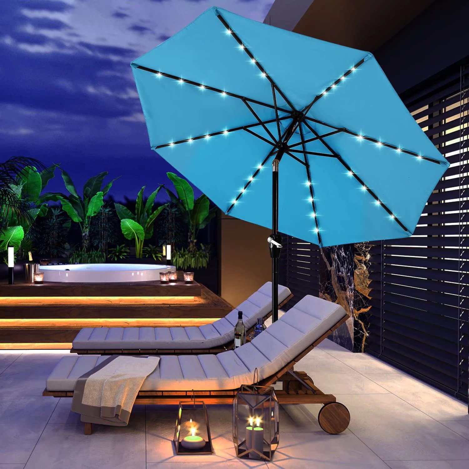 ABCCANOPY sombrilla iluminada de noche creando ambiente en la terraza