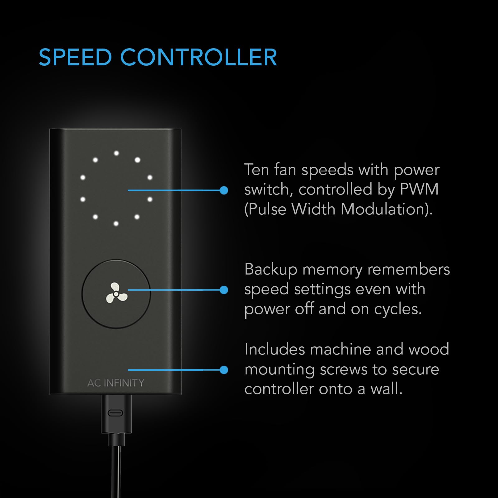 AC Infinity controlador cableado 10 velocidades para ajustes precisos y rápidos
