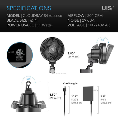 AC Infinity CLOUDRAY S4 en uso con zoom en cabeza orientable para flujo dirigido