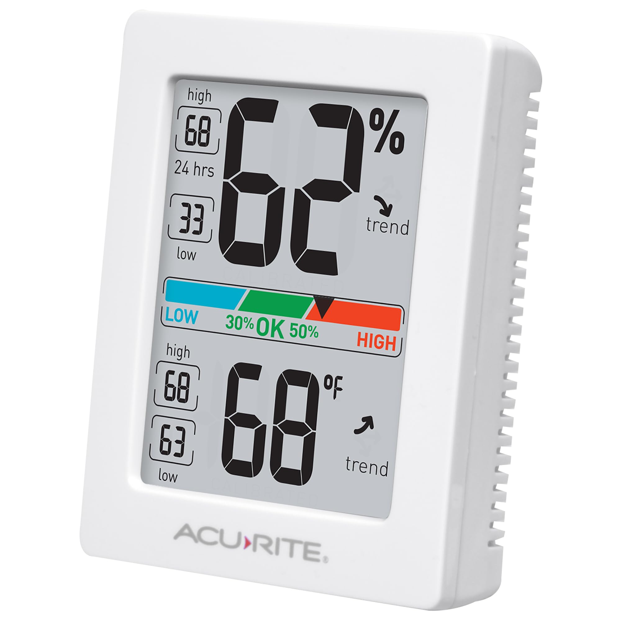 AcuRite primer plano de la pantalla mostrando confort y valores