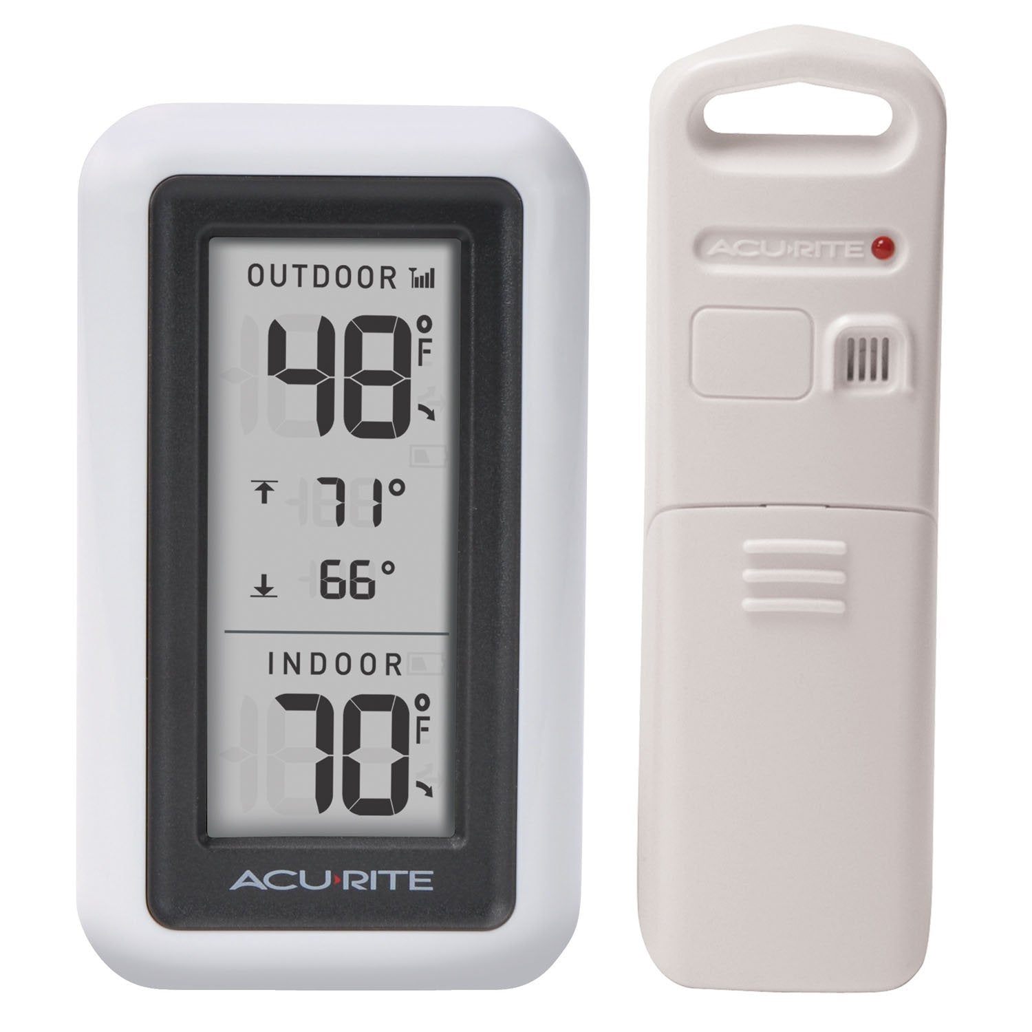 AcuRite pantalla frontal LCD mostrando temperaturas interior y exterior, lectura clara