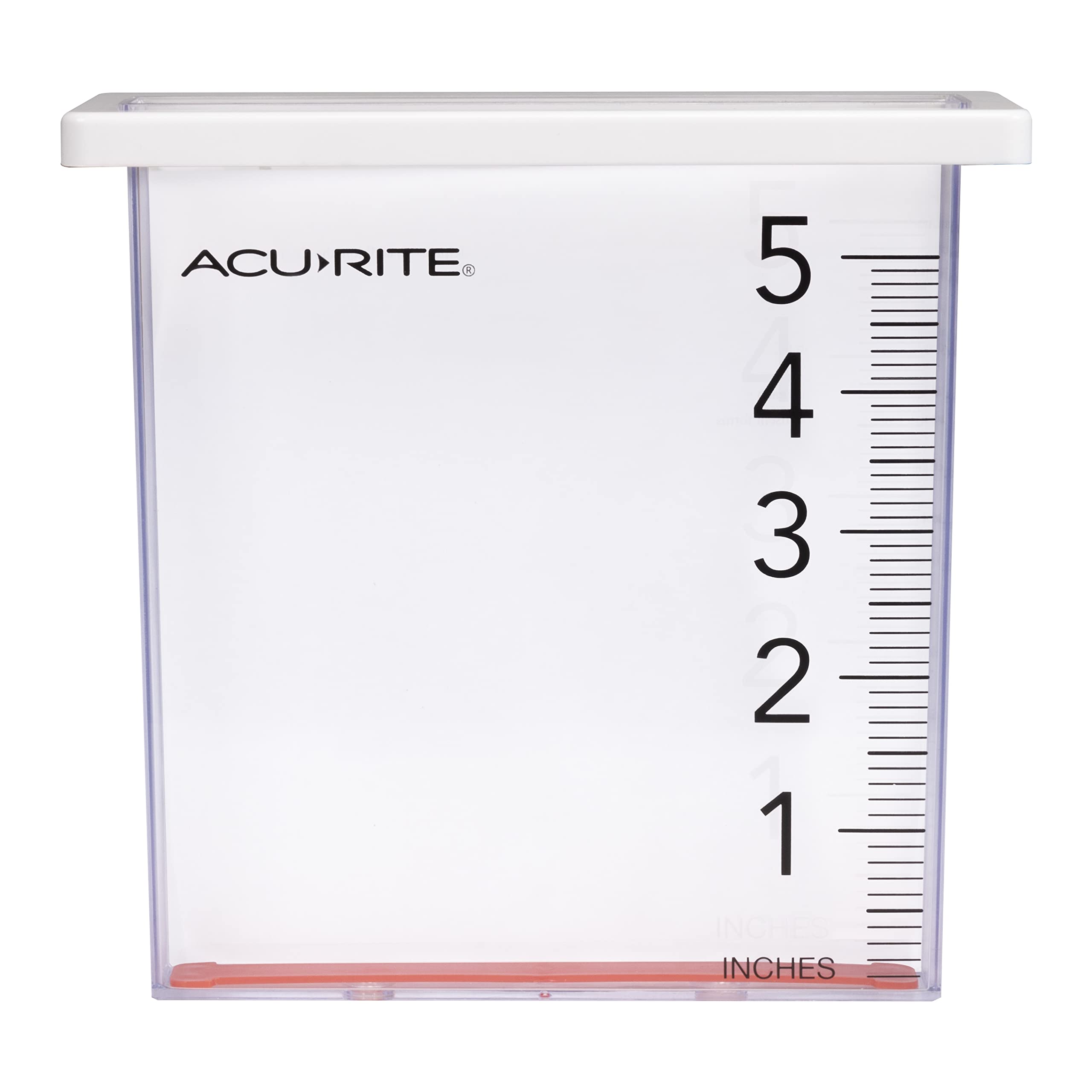 AcuRite pluviómetro frontal con montaje visible y lectura rápida
