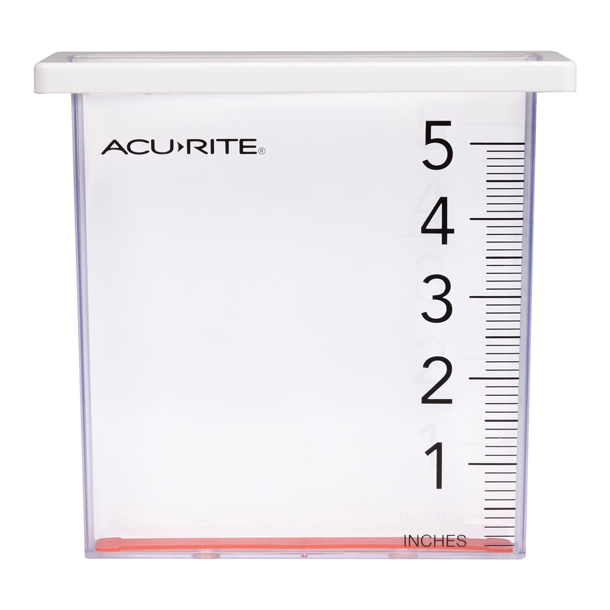 AcuRite pluviómetro frontal con montaje visible y lectura rápida