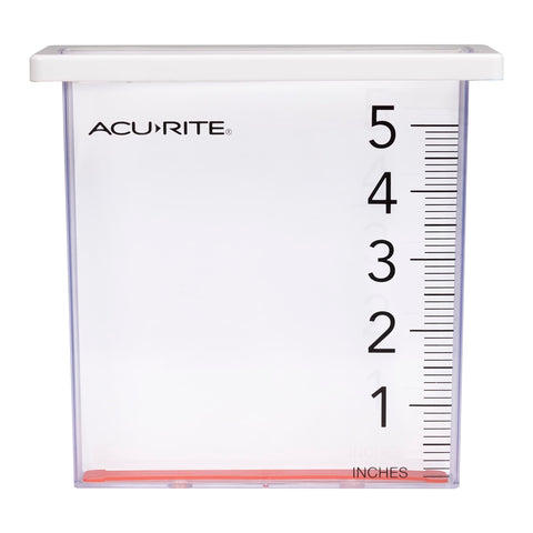AcuRite pluviómetro frontal con montaje visible y lectura rápida
