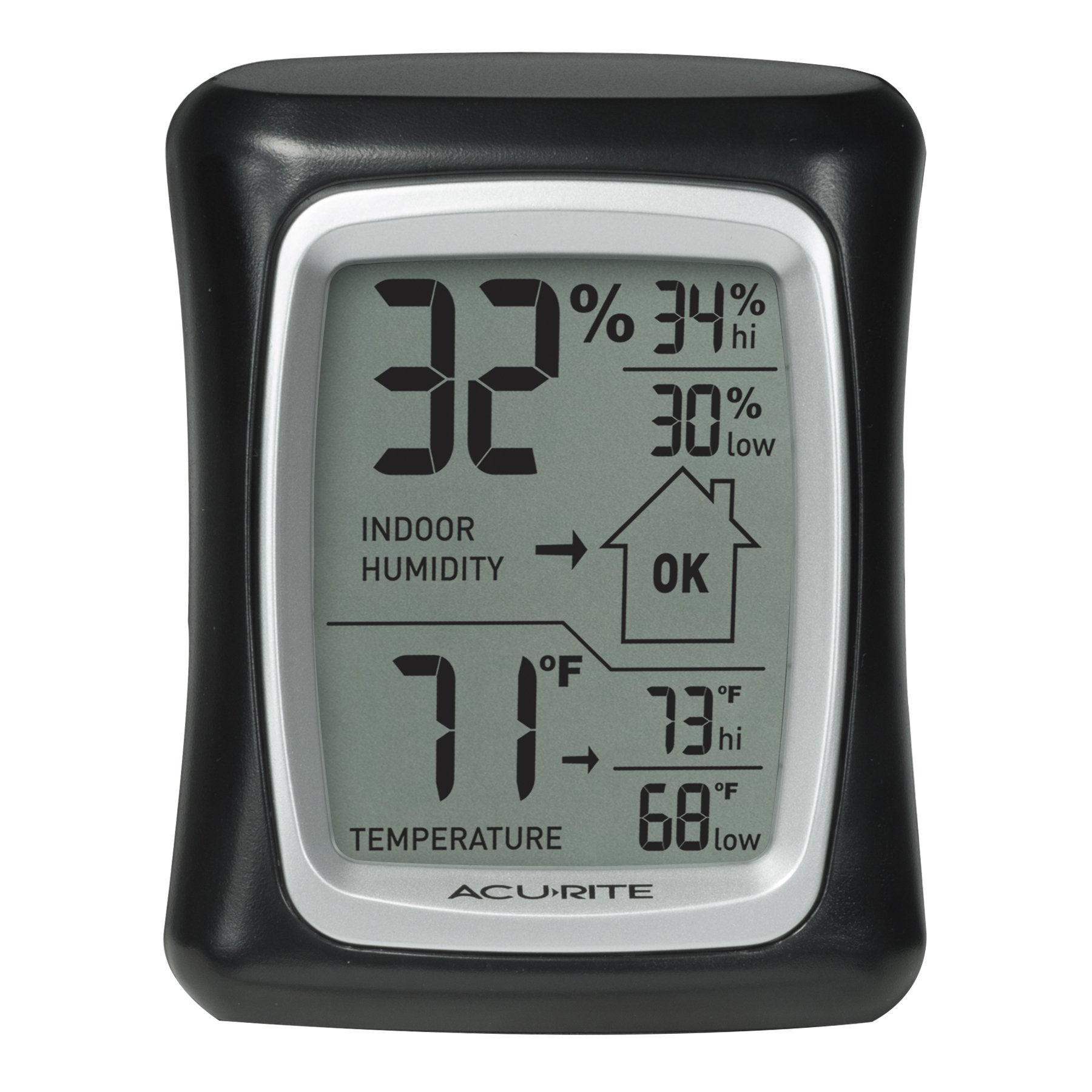 AcuRite primer plano de pantalla mostrando temperatura y humedad actuales