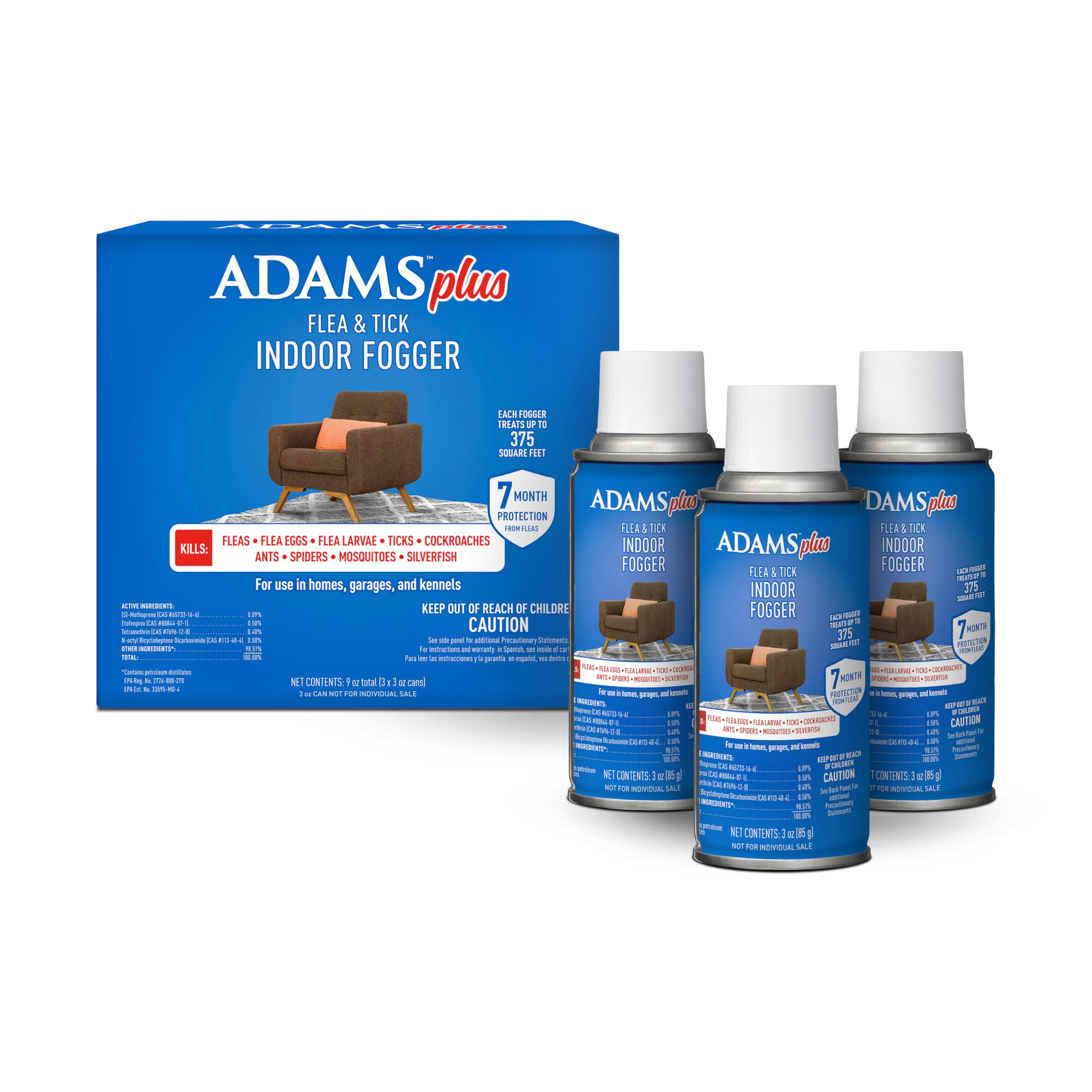 ADAMS lata frontal del fumigador mostrando el envase y beneficio de control