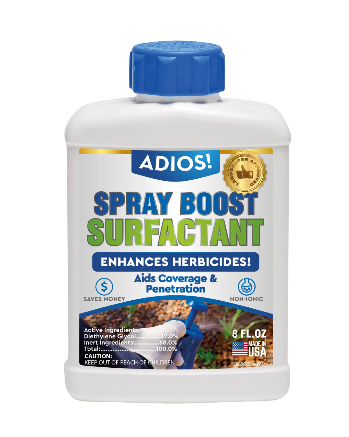ADIOS! envase frontal de 8 oz mostrando etiqueta clara y uso eficiente