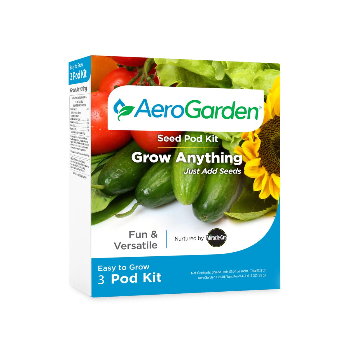 AeroGarden paquete frontal del kit 3-pod mostrando componentes y beneficio de inicio fácil