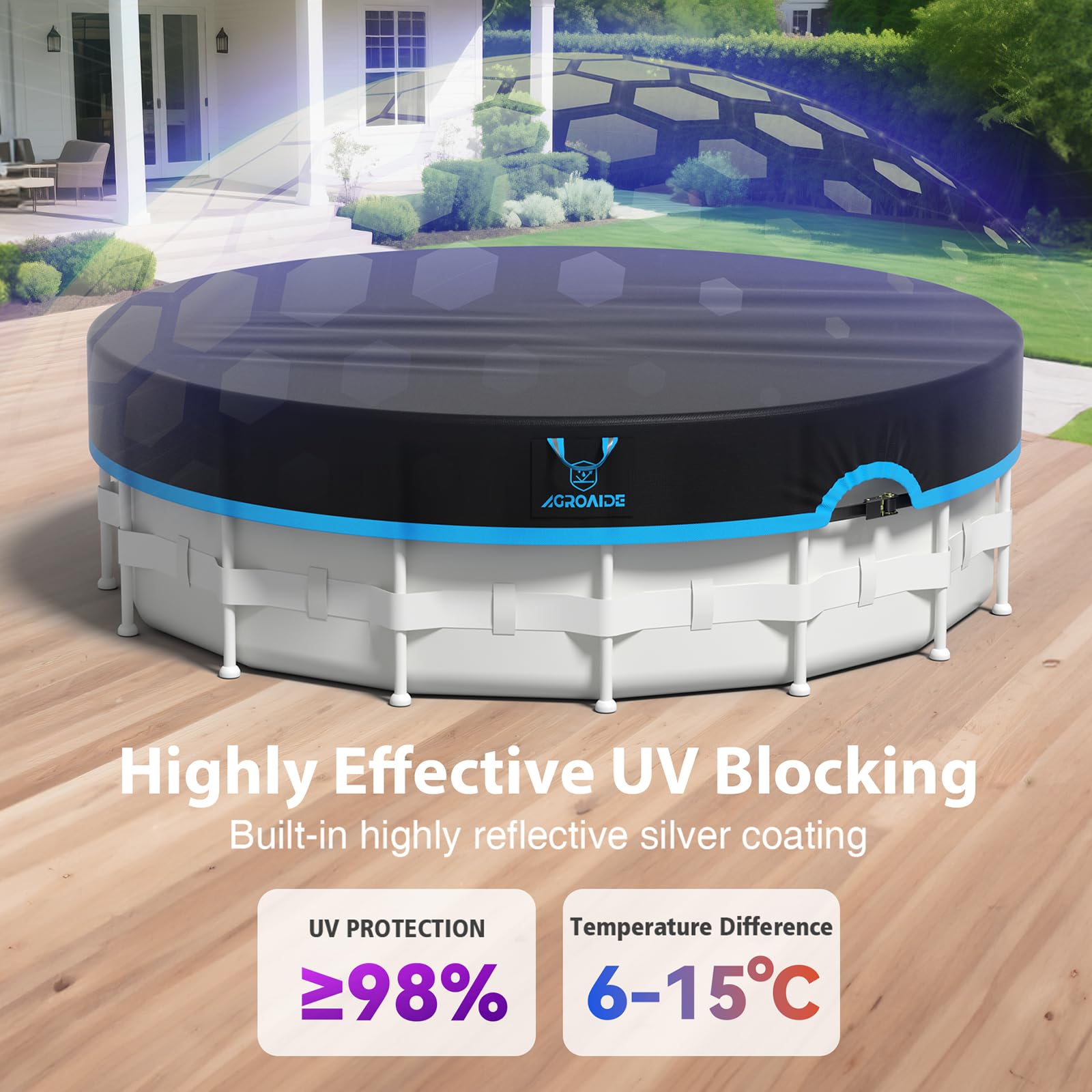 AGROAIDE cobertor instalado en piscina demostrando uso real y limpieza
