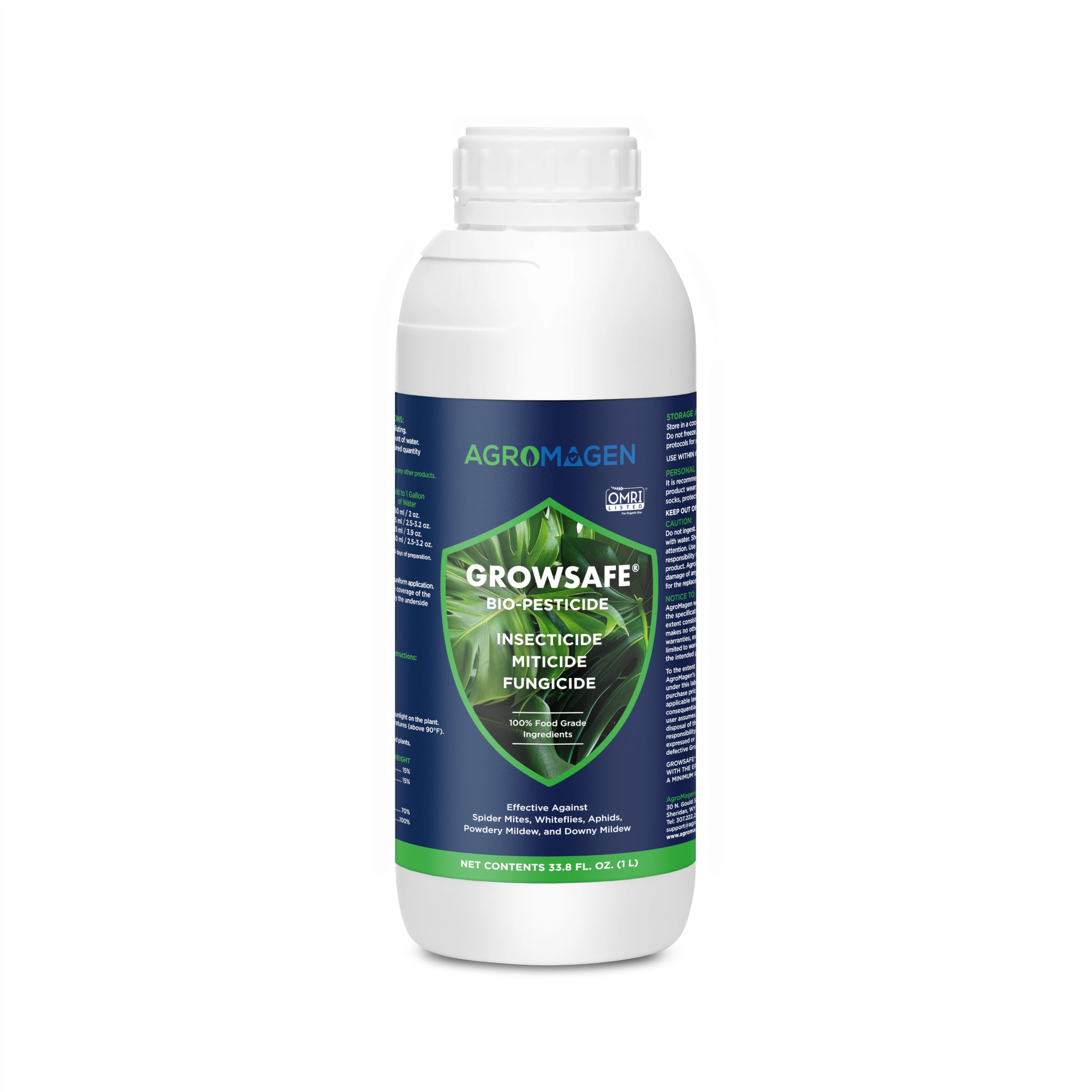 AgroMagen GrowSafe frontal mostrando etiqueta y volumen, protección segura