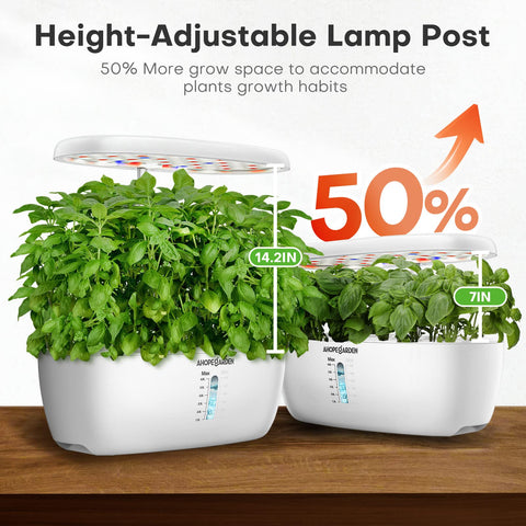 Ahopegarden comparación de tamaño junto a una planta para ver escala y capacidad