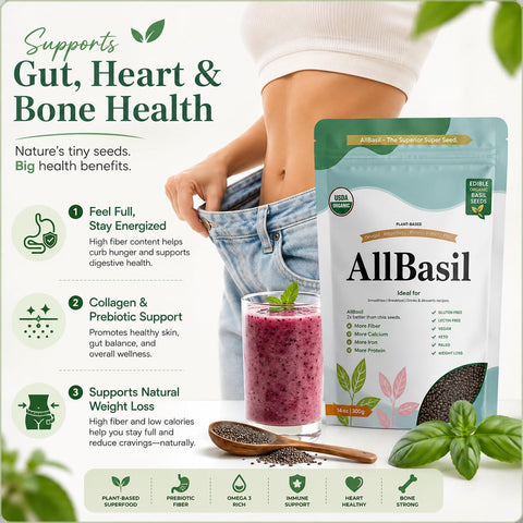 All Basil etiqueta con sellos Non-GMO y Kosher que garantizan origen