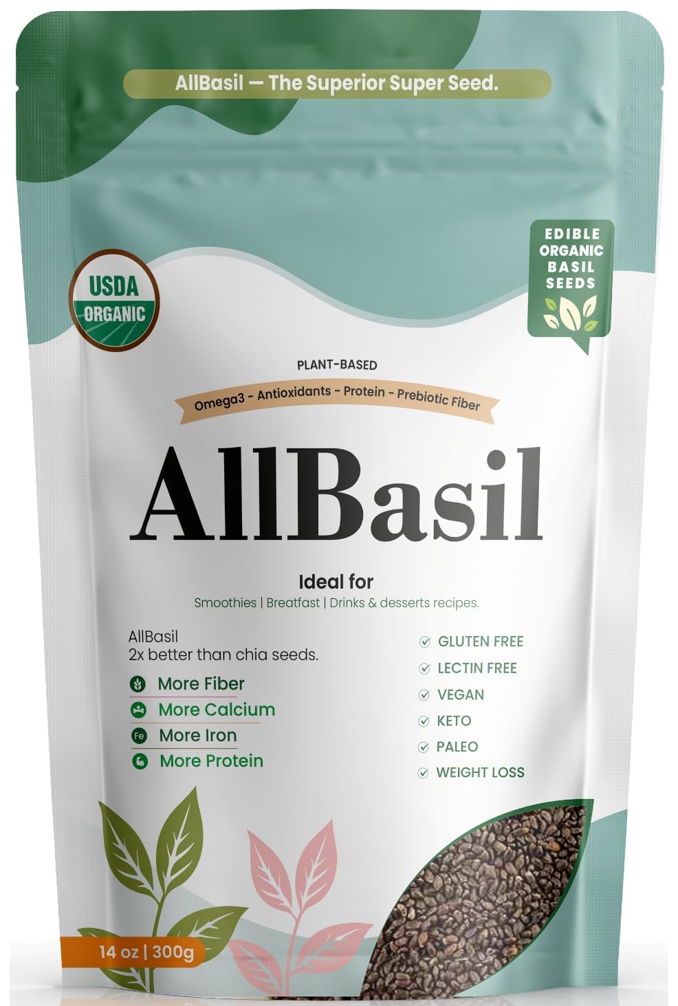 All Basil frente del paquete mostrando certificación USDA Organic y tamaño práctico