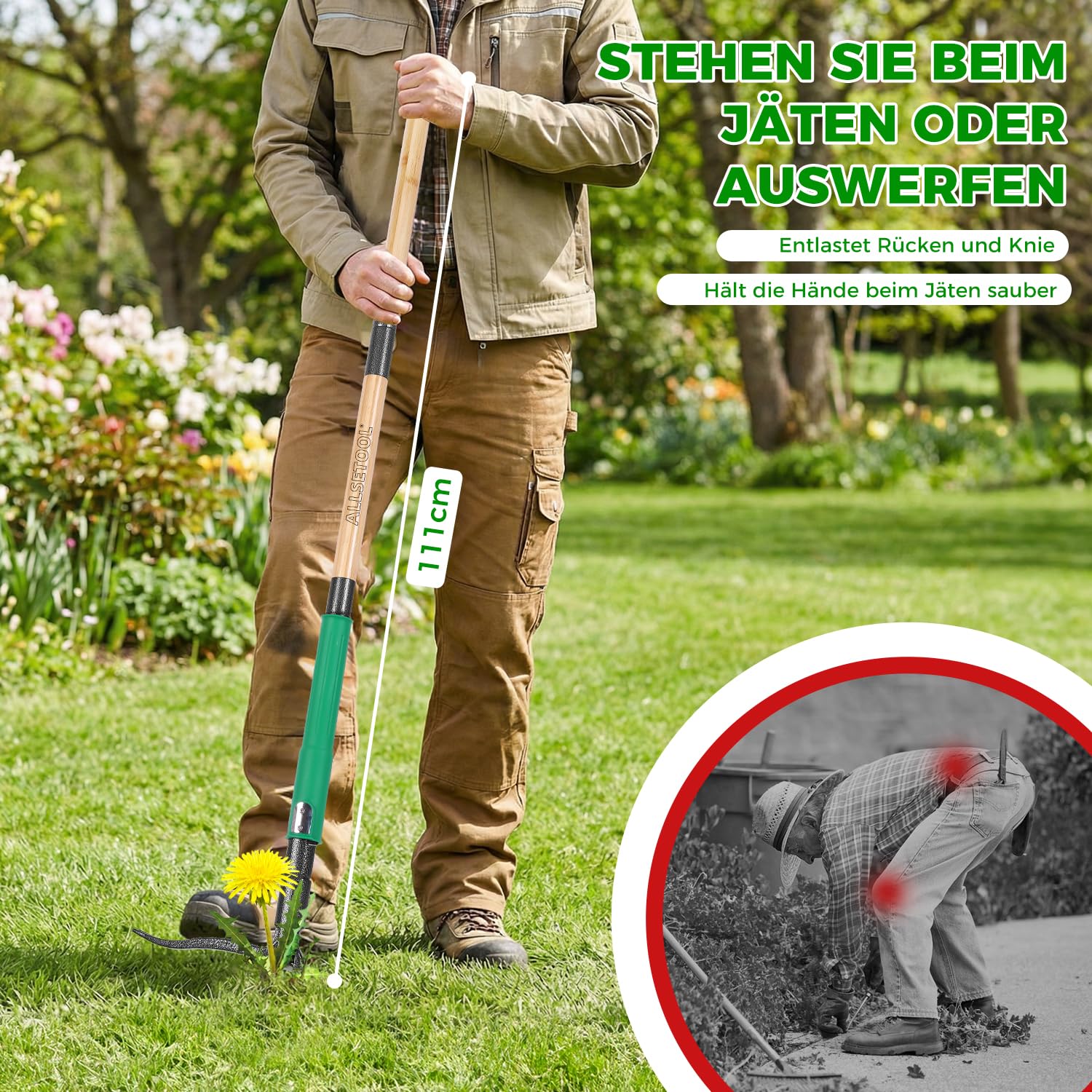 Allsetool herramienta en uso extrayendo diente de león sin agacharse