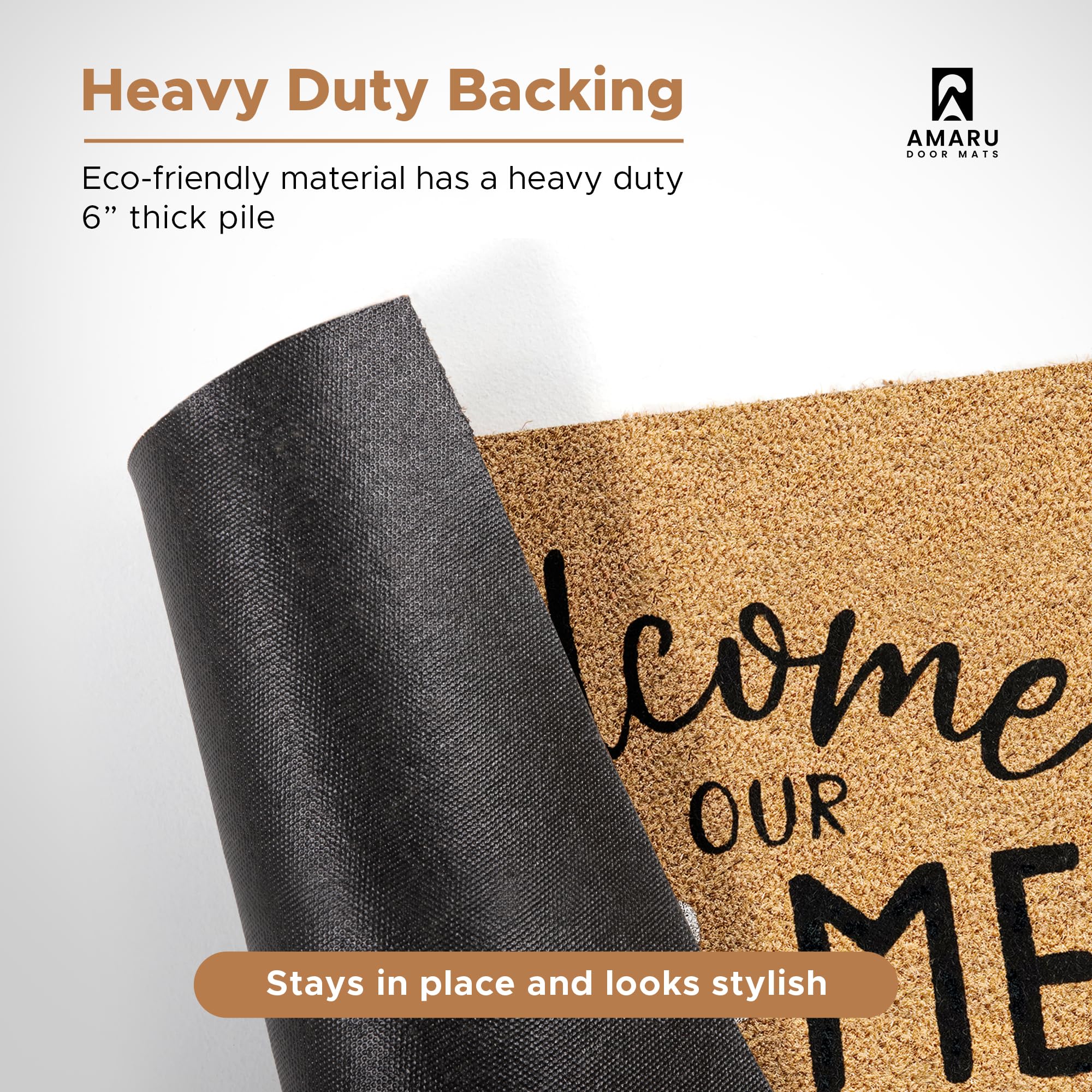 AMARU DOOR MATS primer plano del texto 'Welcome to Our Home' decorativo