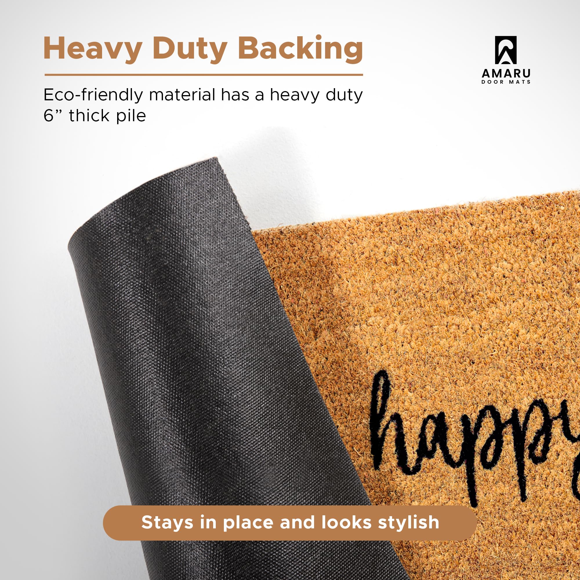 AMARU DOOR MATS etiqueta y diseño 'Be Happy' resaltando calidad y estilo