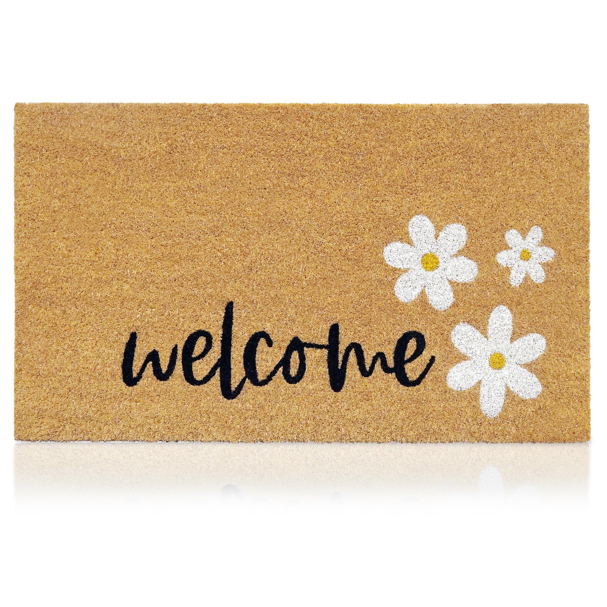 AMARU DOOR MATS vista frontal con diseño Welcome Daisies y bienvenida instantánea