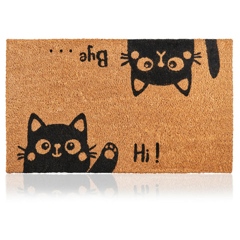 AMARU DOOR MATS vista frontal con diseño Hi-Bye Cat, bienvenida decorativa