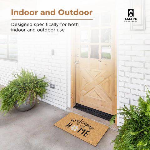 AMARU DOOR MATS comparación de tamaño 17x29 in junto a zapato para escala
