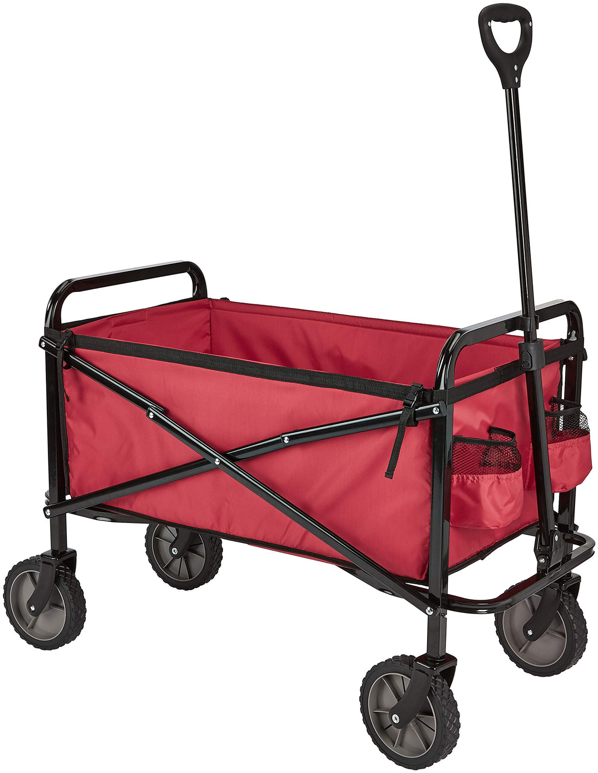 Amazon Basics vista frontal del carrito rojo mostrando capacidad y estructura resistente