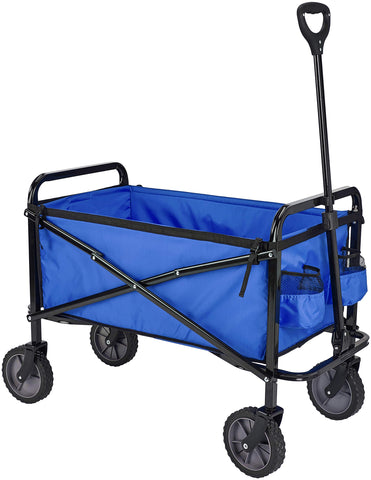 Amazon Basics vista frontal del carrito cargado mostrando capacidad y estabilidad