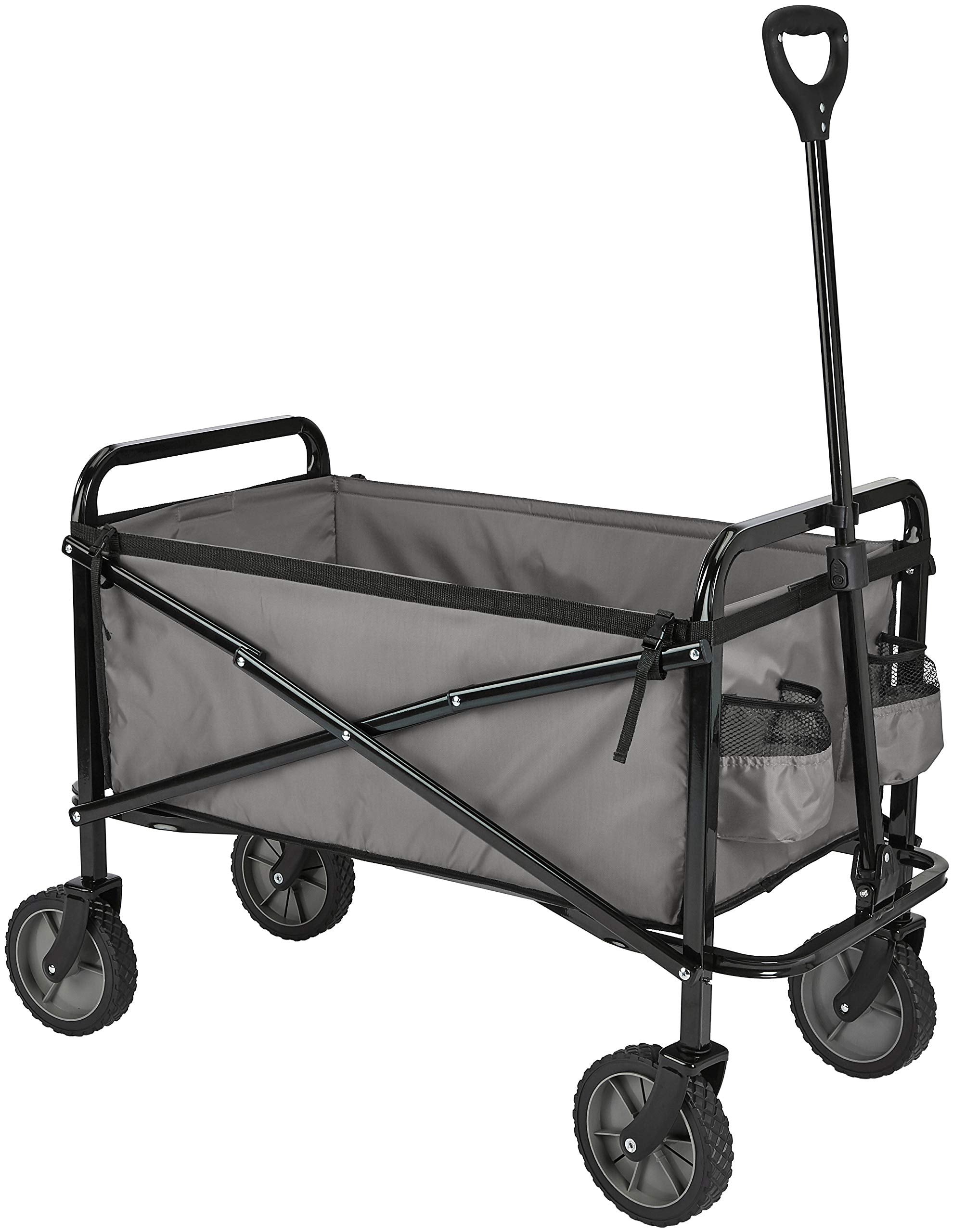 Amazon Basics vista frontal del carro plegable mostrando capacidad y compartimentos