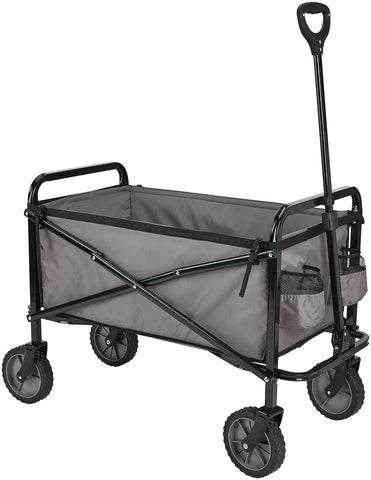 Amazon Basics vista frontal del carro plegable mostrando capacidad y compartimentos