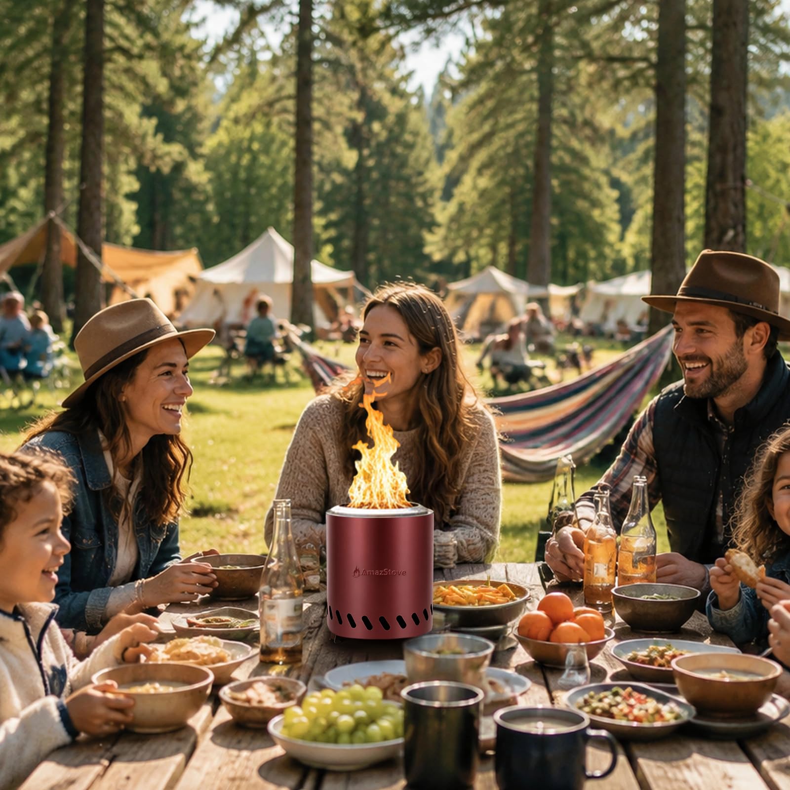 AmazStove comparación de escala que muestra tamaño compacto y fácil almacenamiento