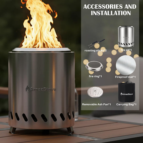 AmazStove etiqueta con dimensiones y diseño para uso y seguridad