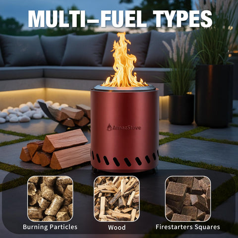AmazStove primer plano de la flama y combustión eficiente con baja humareda