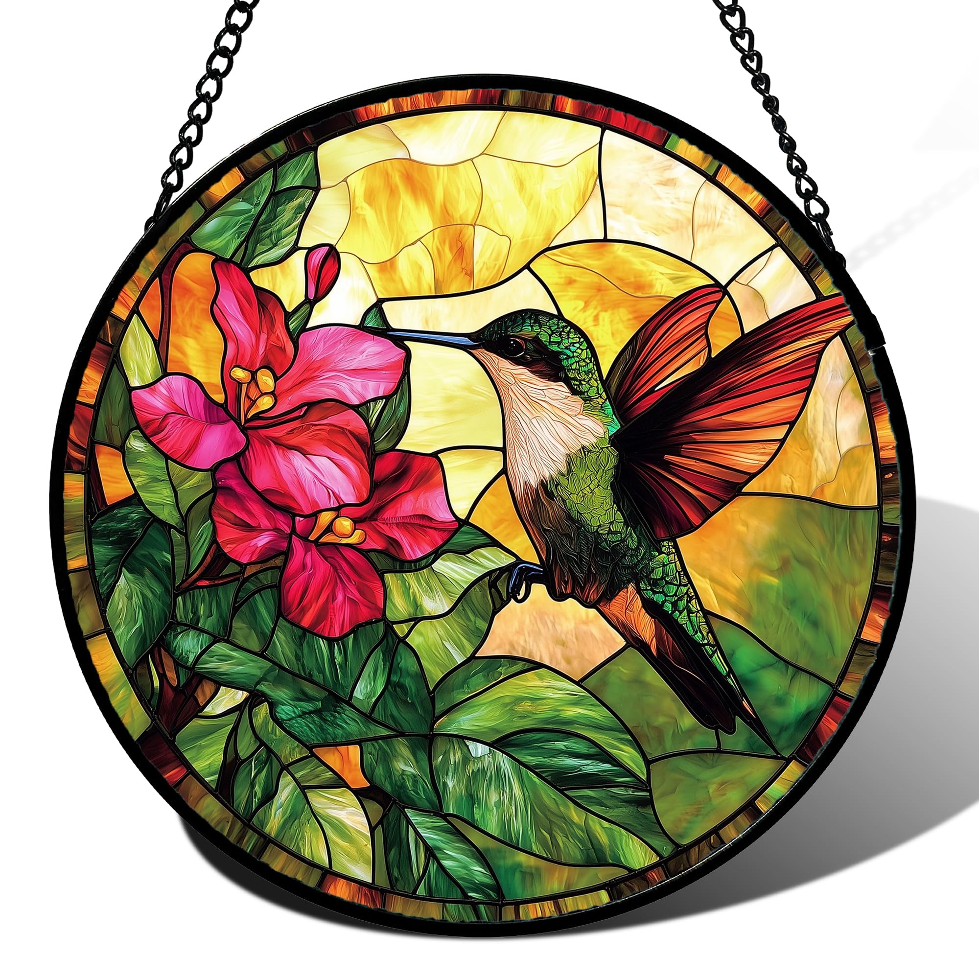 AMDERVEN colgante vitral frontal mostrando diseño de colibrí y color vibrante