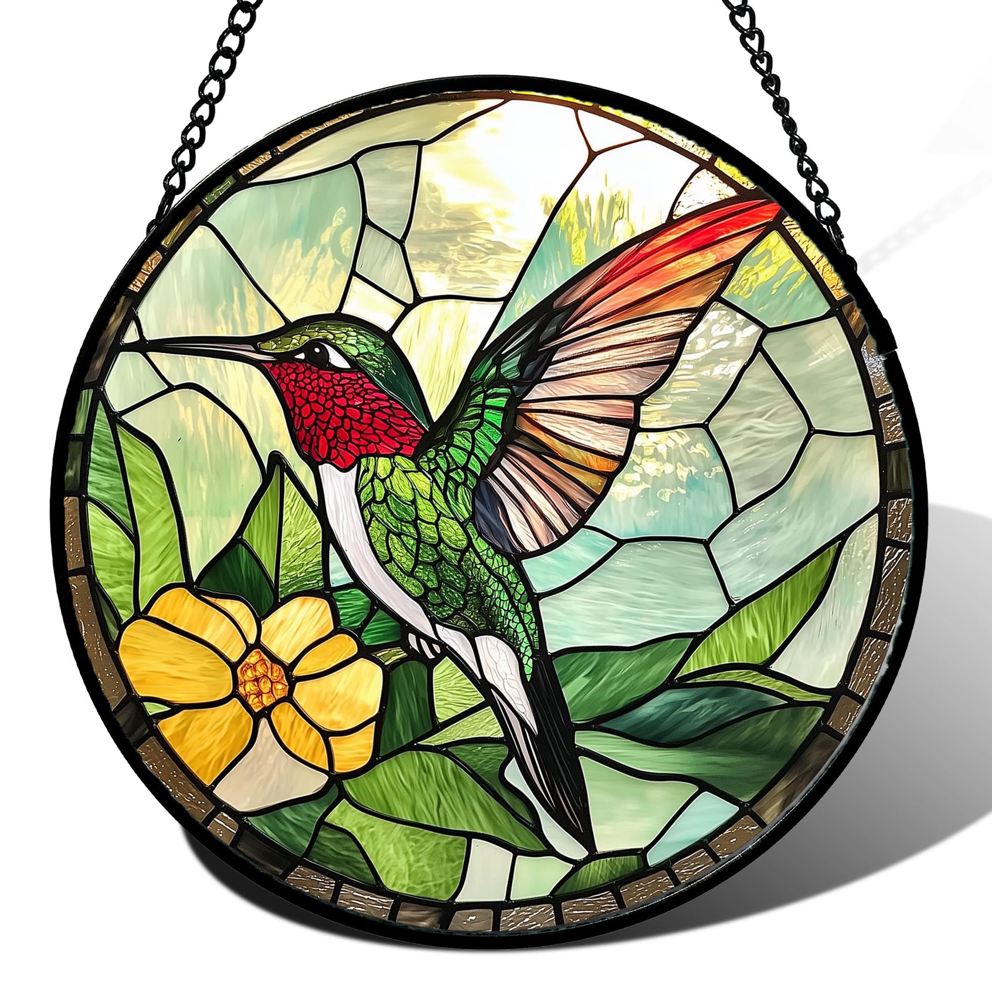 AMDERVEN colgante colibrí frontal mostrando diseño y colores vibrantes, embellece ventanas