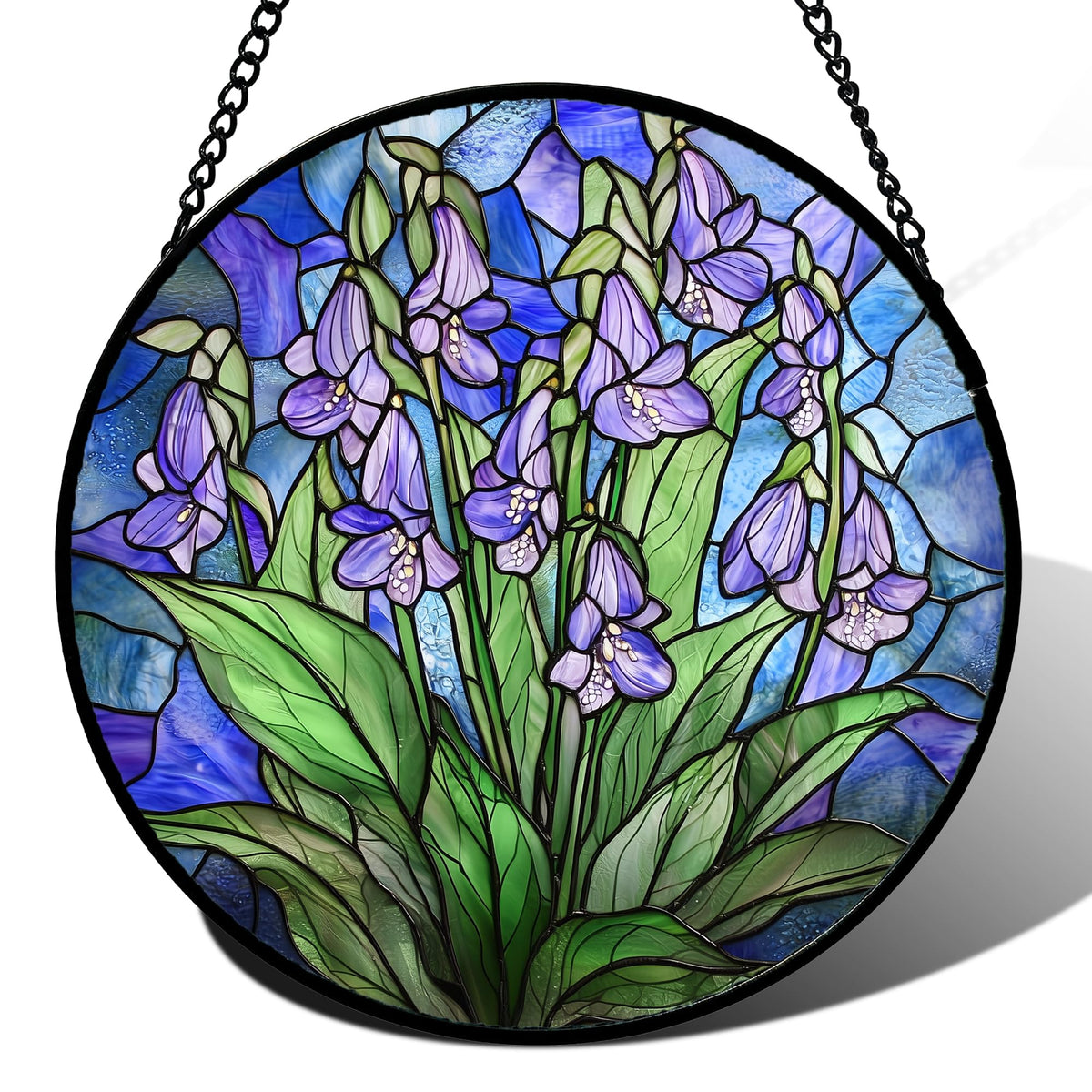 AMDERVEN vista frontal del suncatcher con flor morada y color decorativo