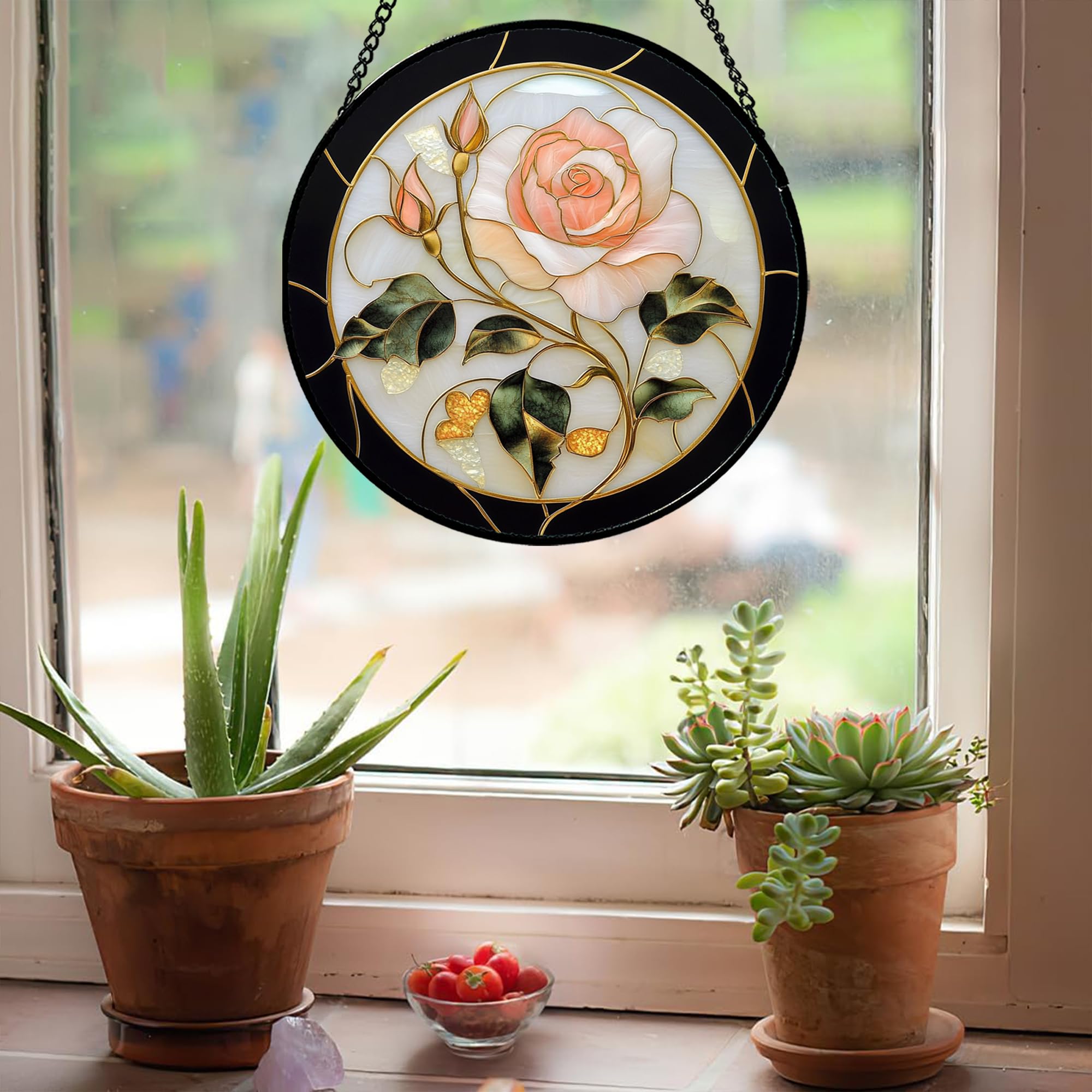 AMDERVEN Pink Rose colgado en ventana con luz creando reflejos decorativos