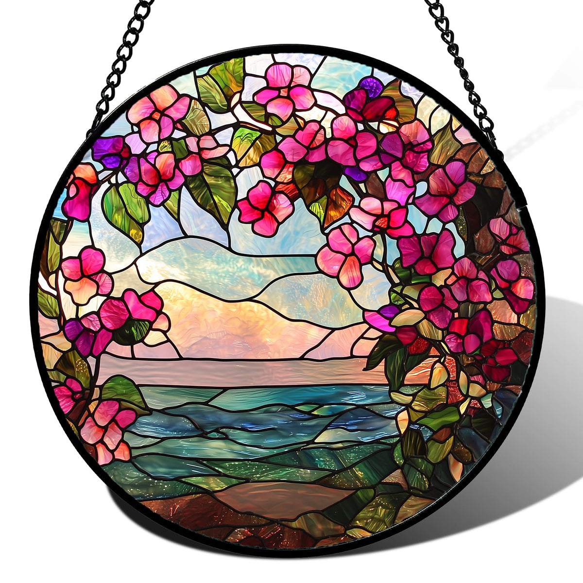 AMDERVEN vista frontal del suncatcher mostrando colores vivos y diseño floral