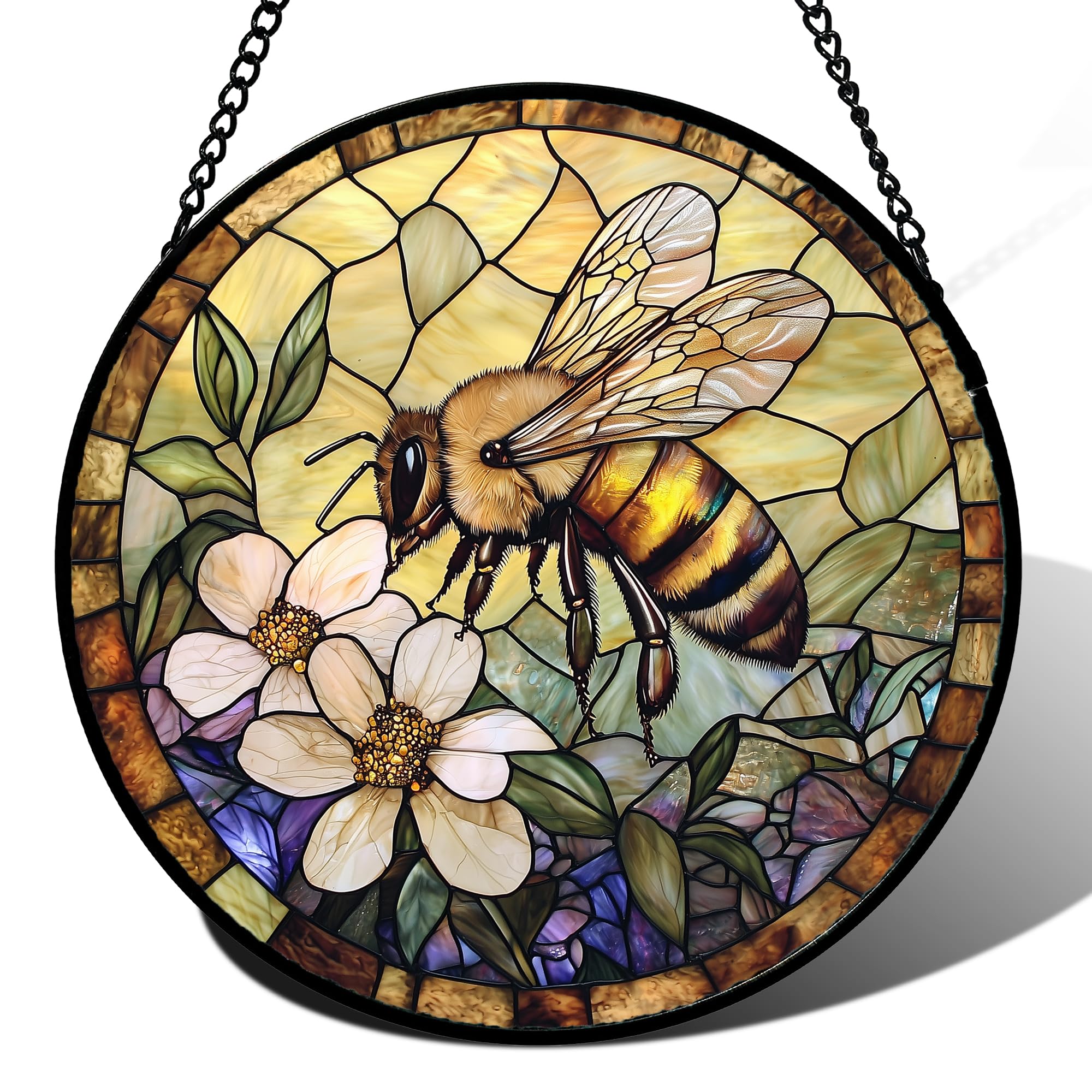 AMDERVEN vitral abeja frontal mostrando colores vivos y diseño vintage