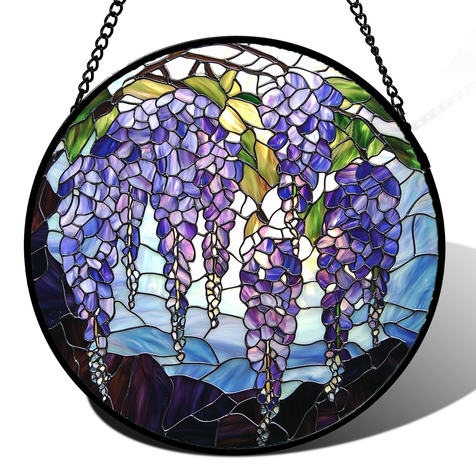 AMDERVEN vista frontal del suncatcher mostrando colores vibrantes y diseño wisteria