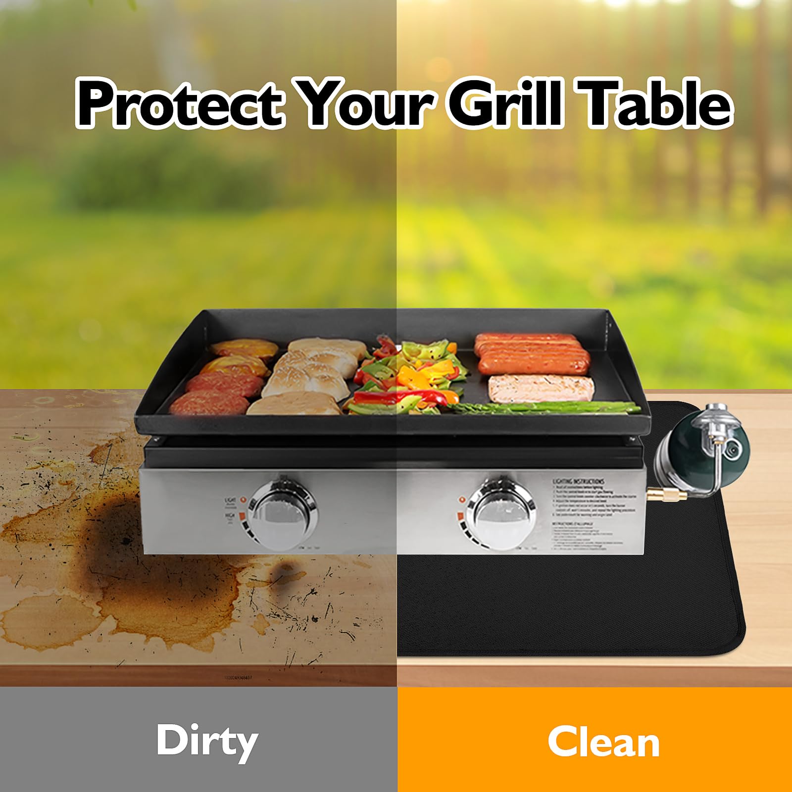 Amerbro tapete en uso bajo una parrilla de sobremesa protegiendo la mesa