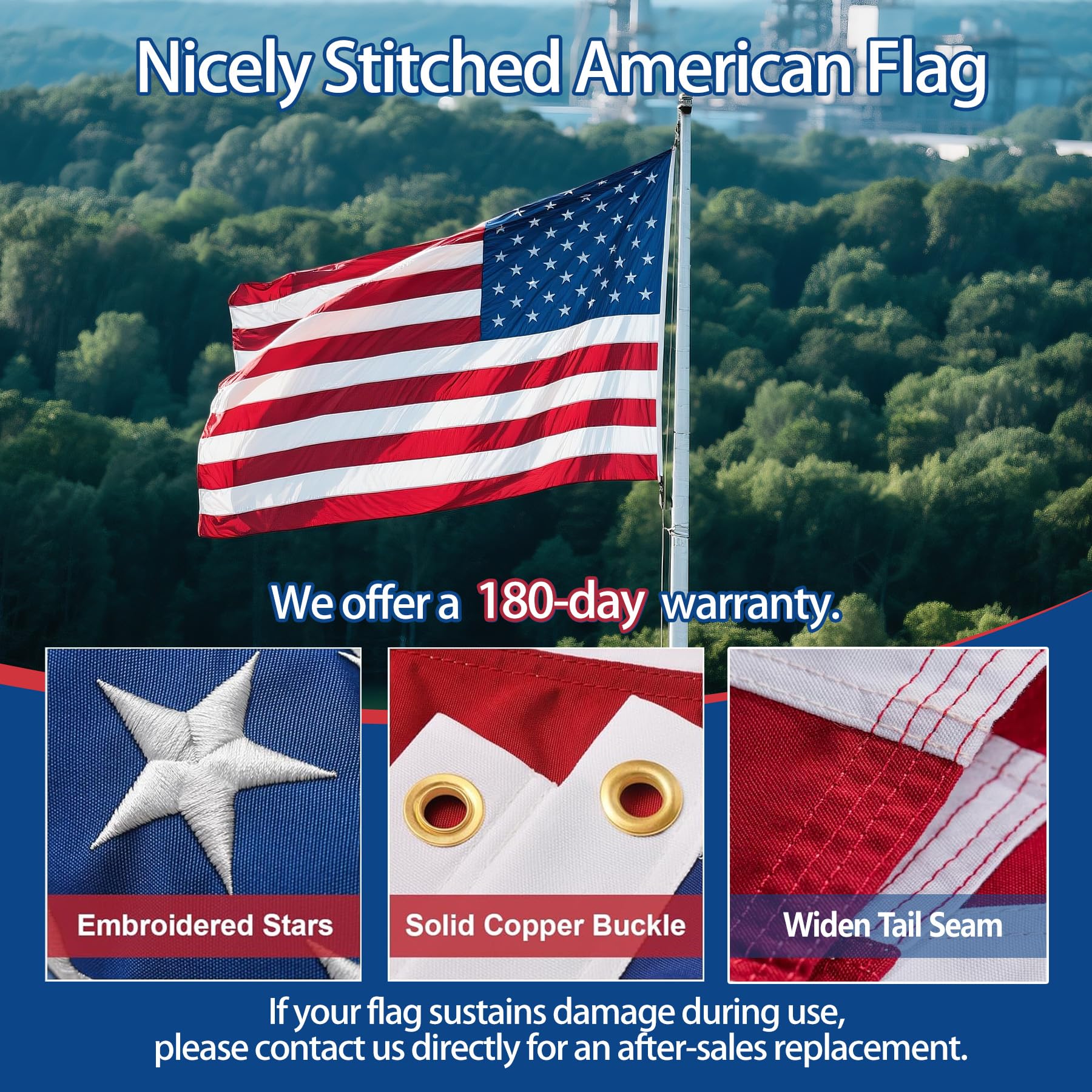 American Flag detalle de estrellas bordadas, acabado premium y duradero