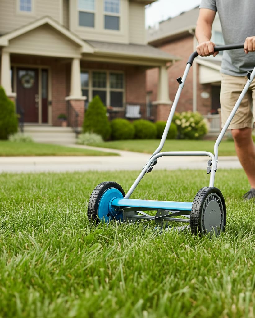 American Lawn Mower 2205-14 junto a una regla para comparar tamaño y almacenamiento fácil