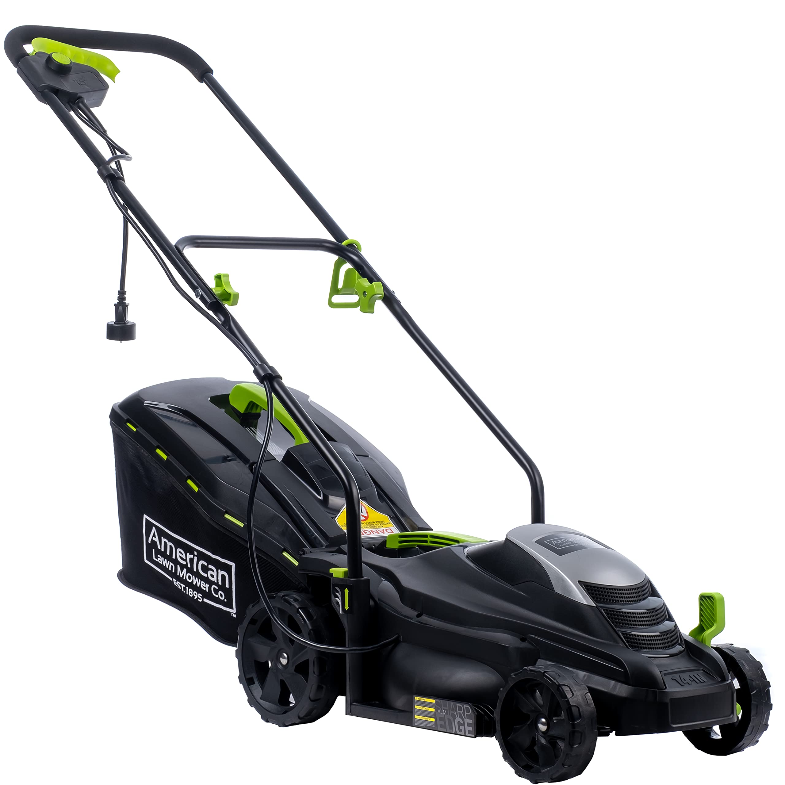 American Lawn Mower perspectiva lateral que muestra el chasis y empuñadura ergonómica