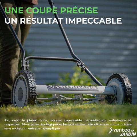 American Lawn Mower comparación de tamaño junto a persona, fácil de almacenar