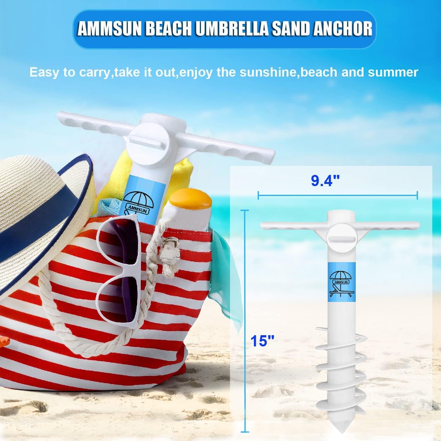 AMMSUN ancla instalada en playa ofreciendo estabilidad al parasol