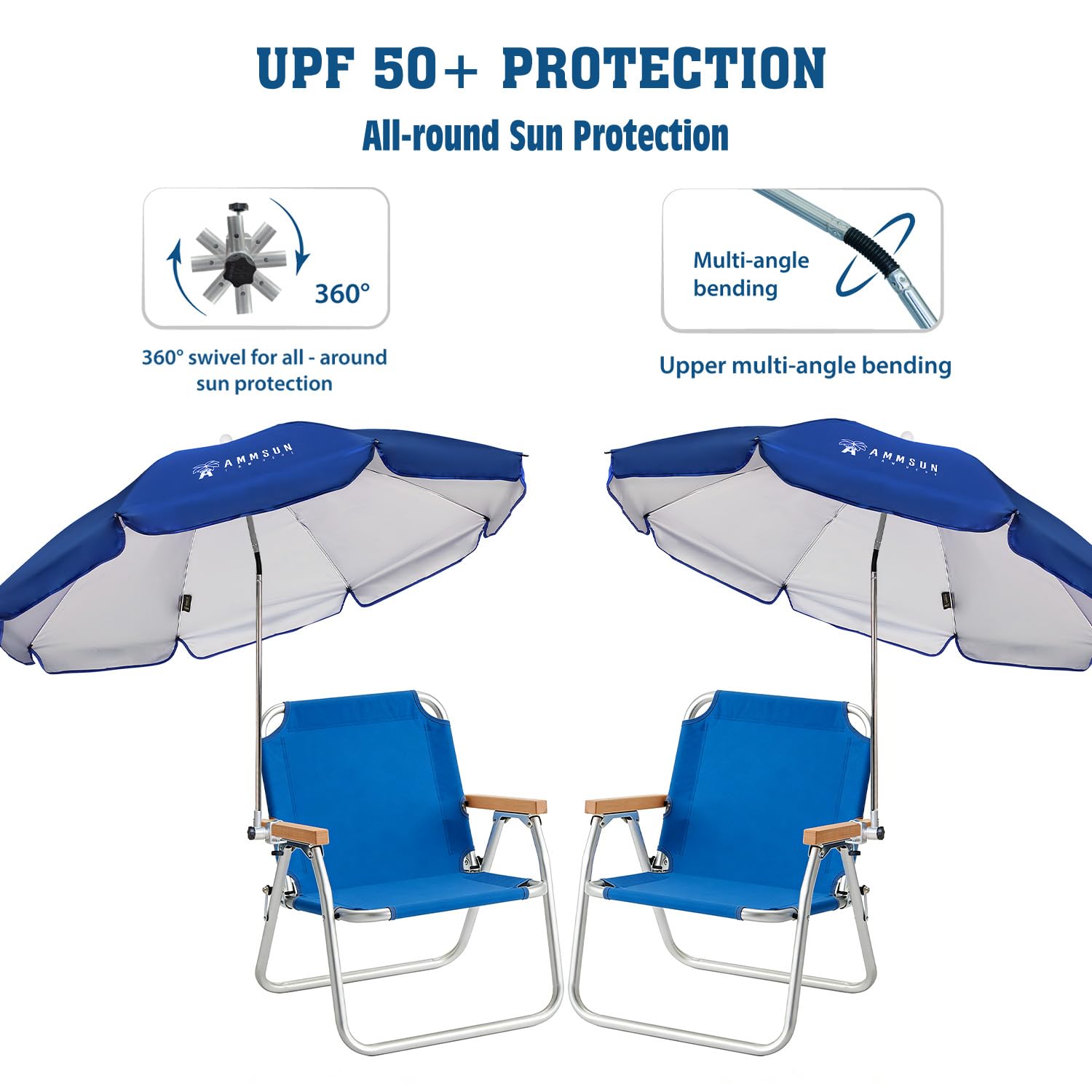 AMMSUN sombrilla instalada en silla de playa, proporciona sombra amplia