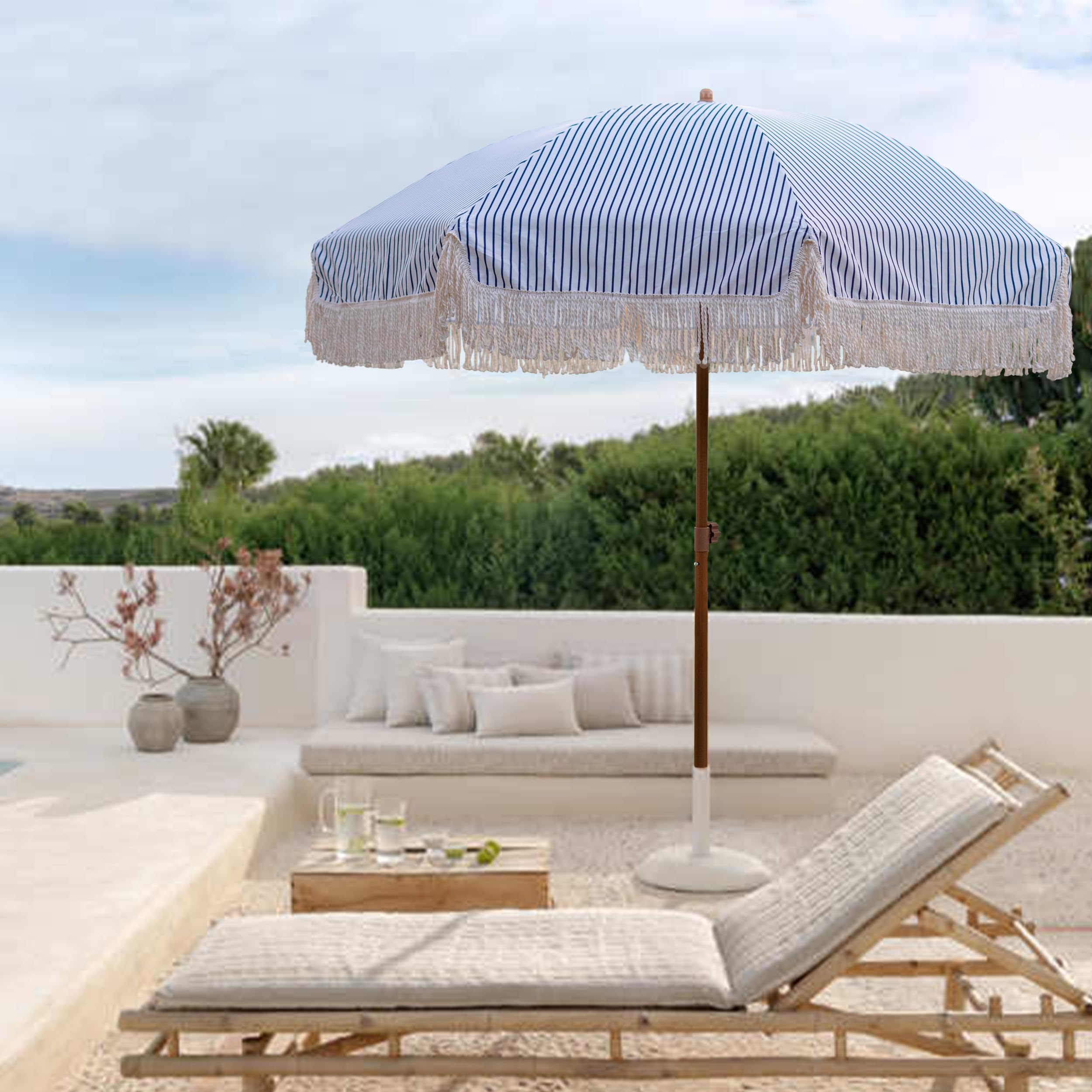 AMMSUN detalle de los flecos y la tela mostrando diseño decorativo y protección solar
