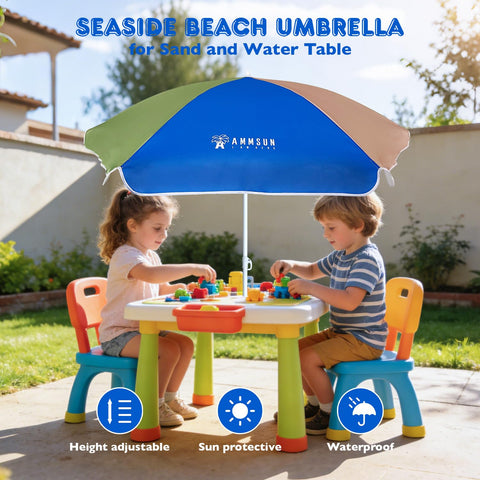 AMMSUN sombrilla instalada en mesa de picnic infantil aportando sombra segura
